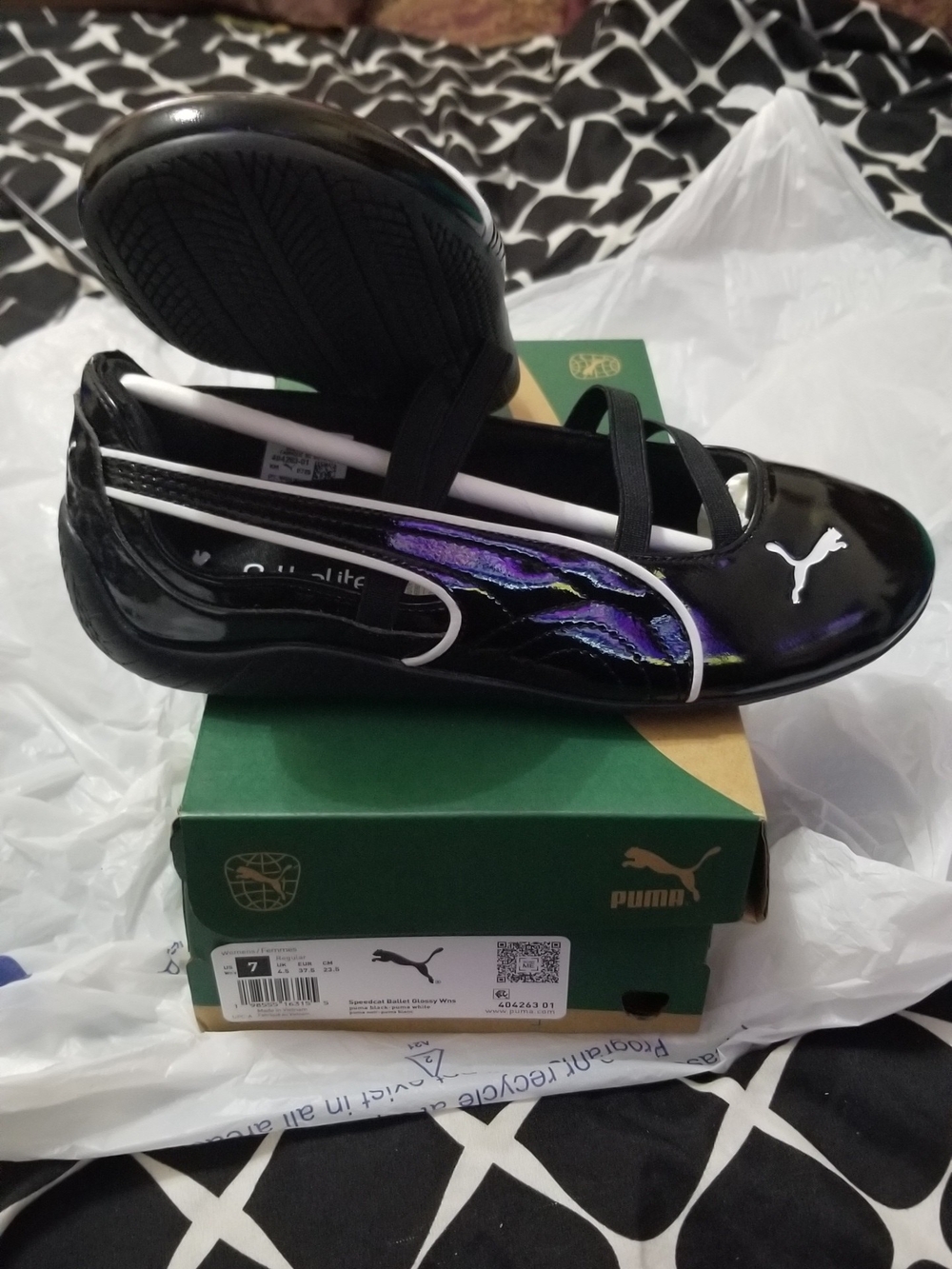 Puma Black Patent Athletic Ballet Sneaker with Purple Accent Stripes